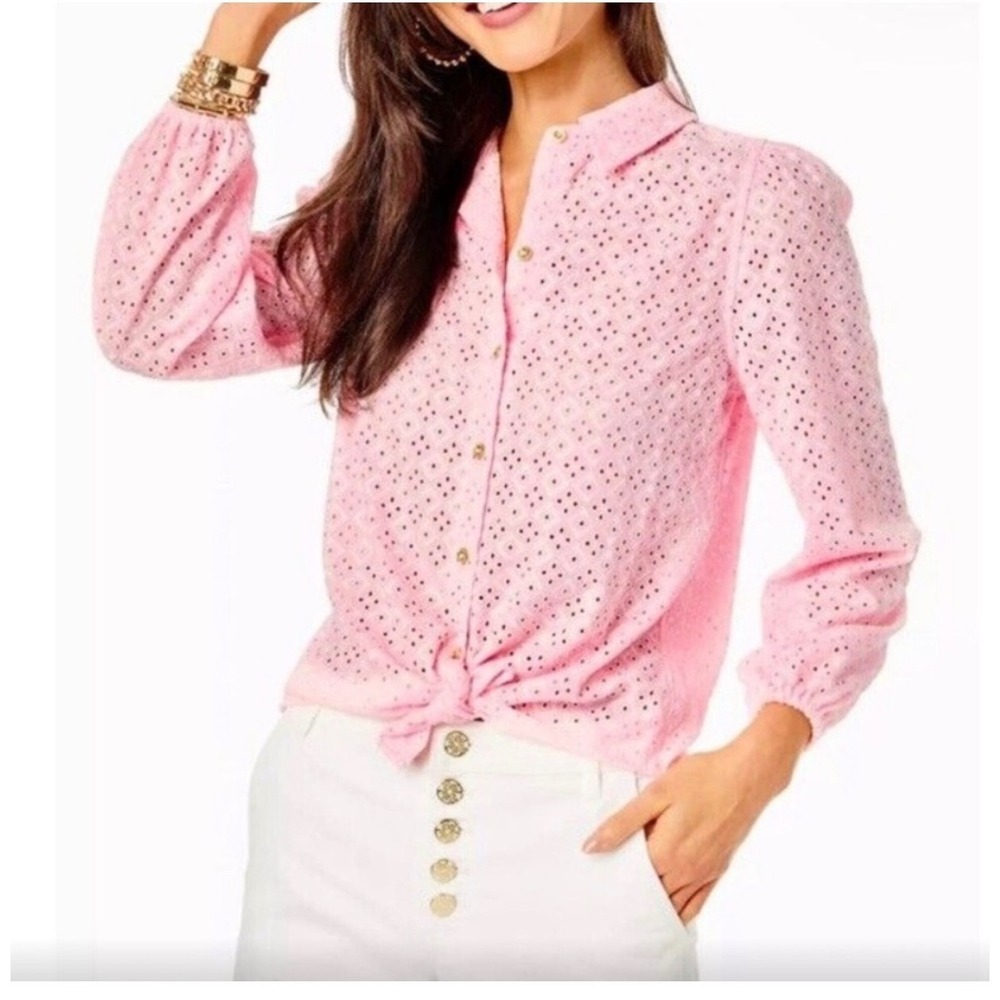 Lilly Pulitzer Pink Eyelet Button Down Balloon Sleeve Blouse Top Large Gold Logo
